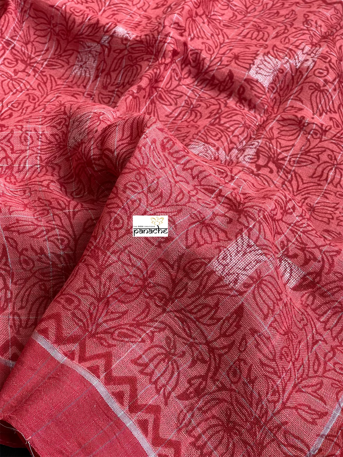 Linen Printed - Red Rust Silver Zari