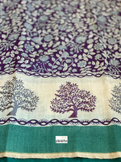 Kalamkari Printed Muga Silk - Purple Teal Embroidered