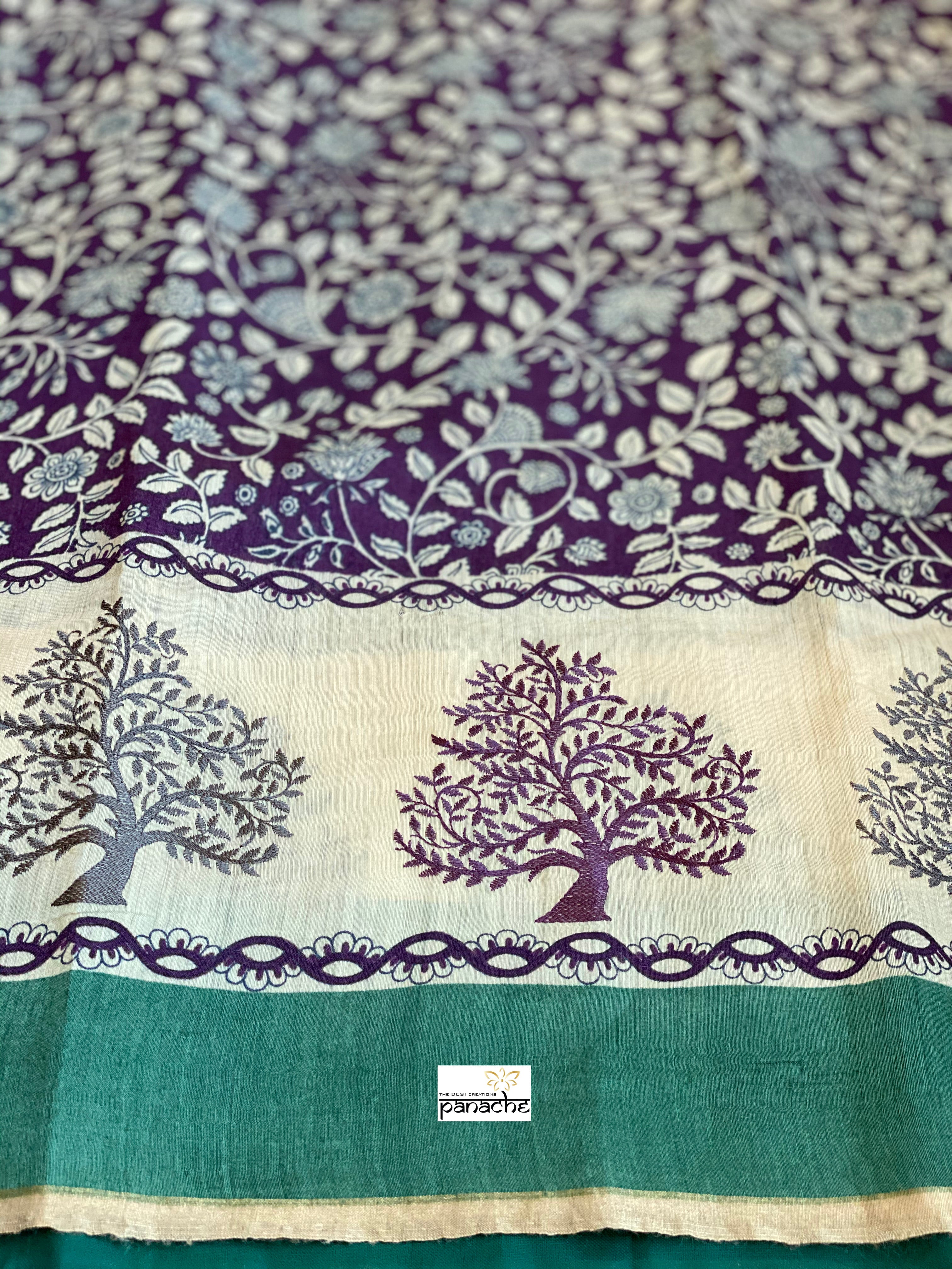 Kalamkari Printed Muga Silk - Purple Teal Embroidered