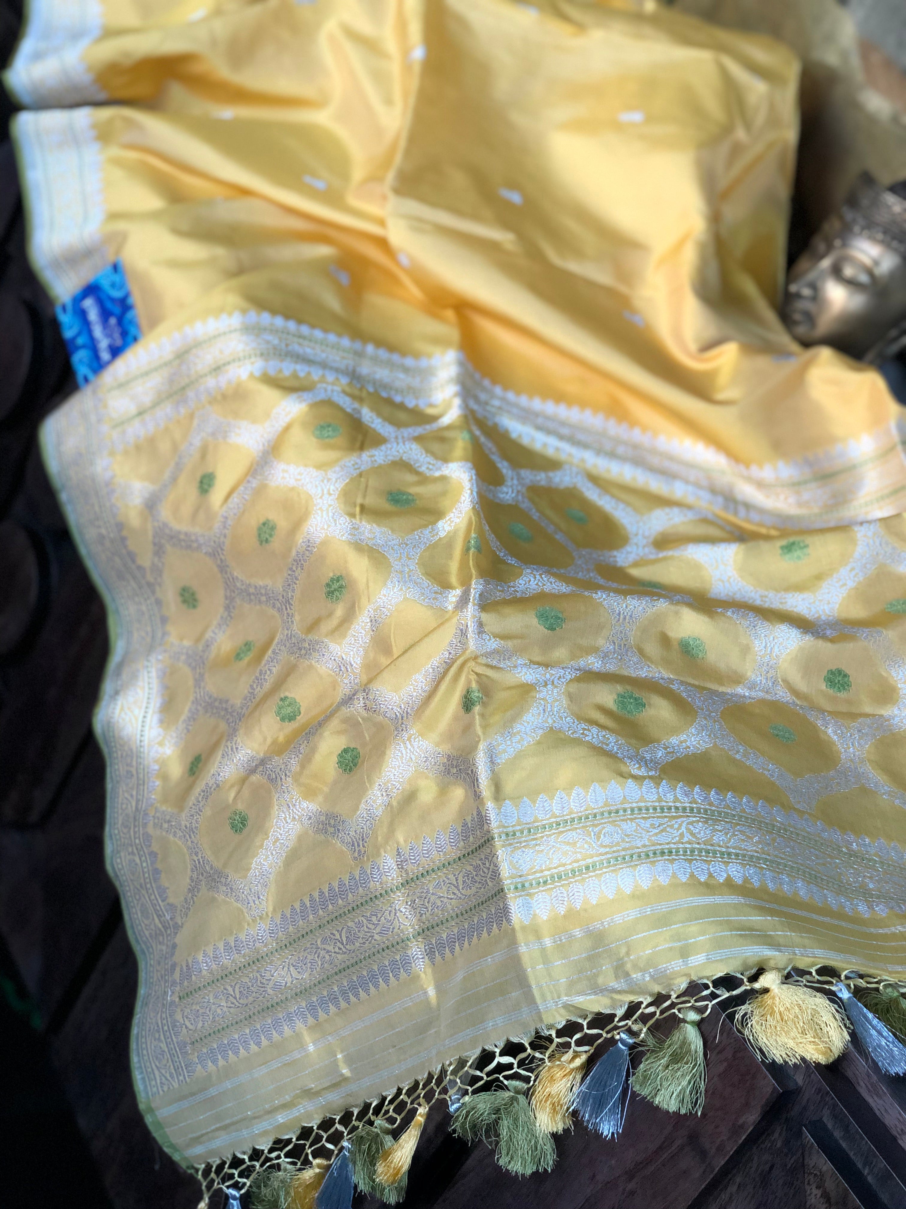 Katan Silk Banarasi - Yellow Kadhwa Woven