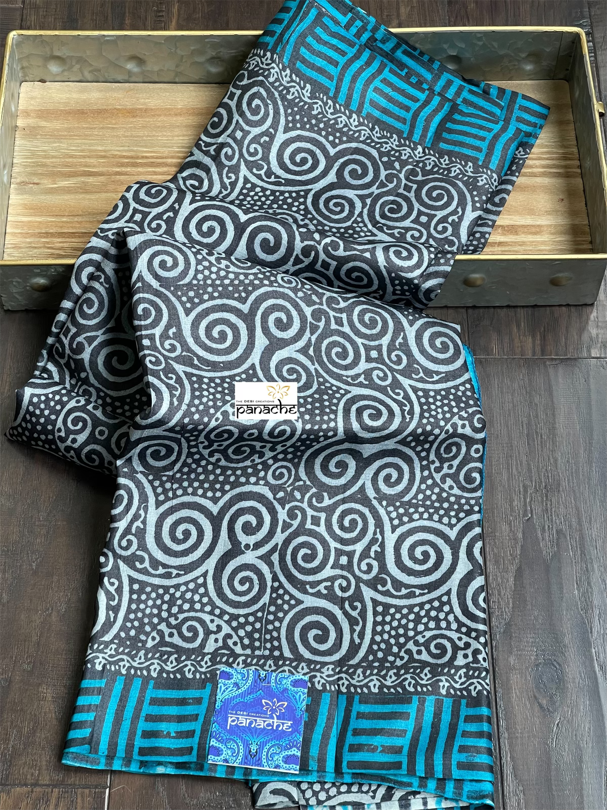 Pure Tussar Silk Printed -  Grey Black Firozi