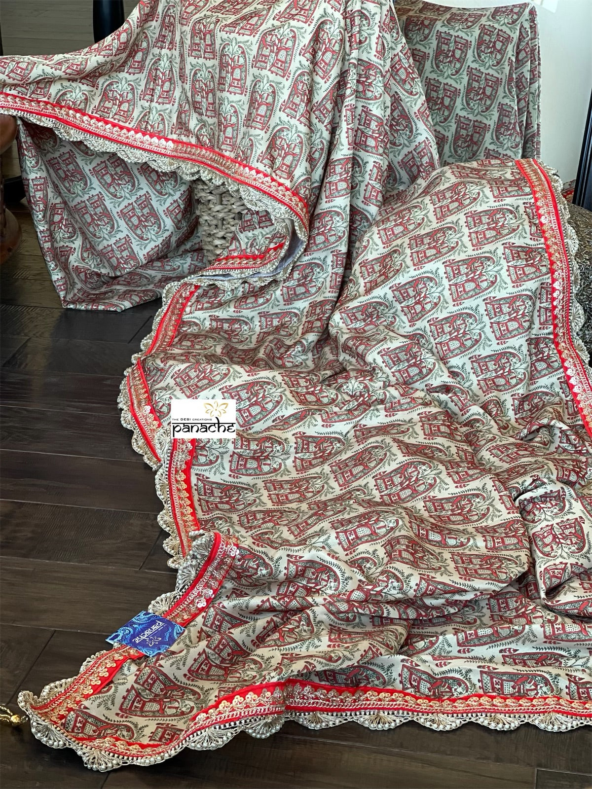 Designer Soft Silk - Beige Red Figurines Printed