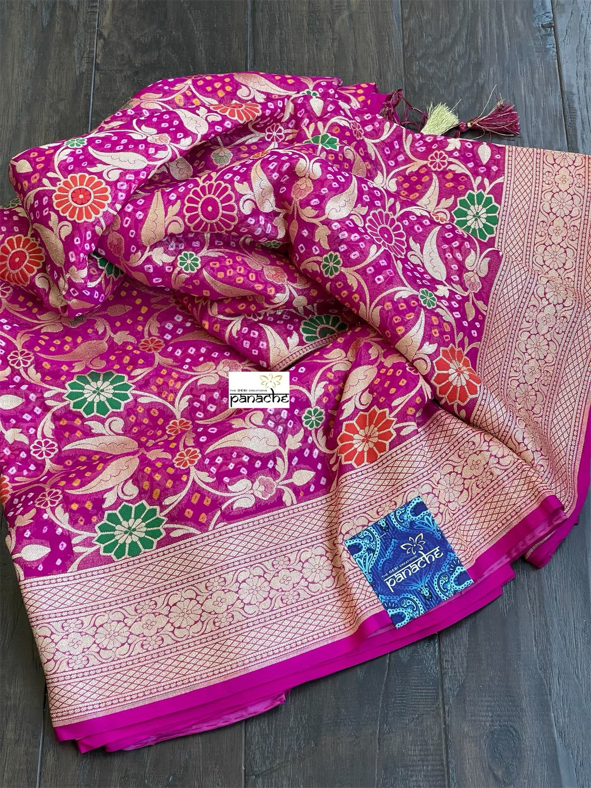 Bandhej Khaddi Georgette Banarasi - Magenta Pink