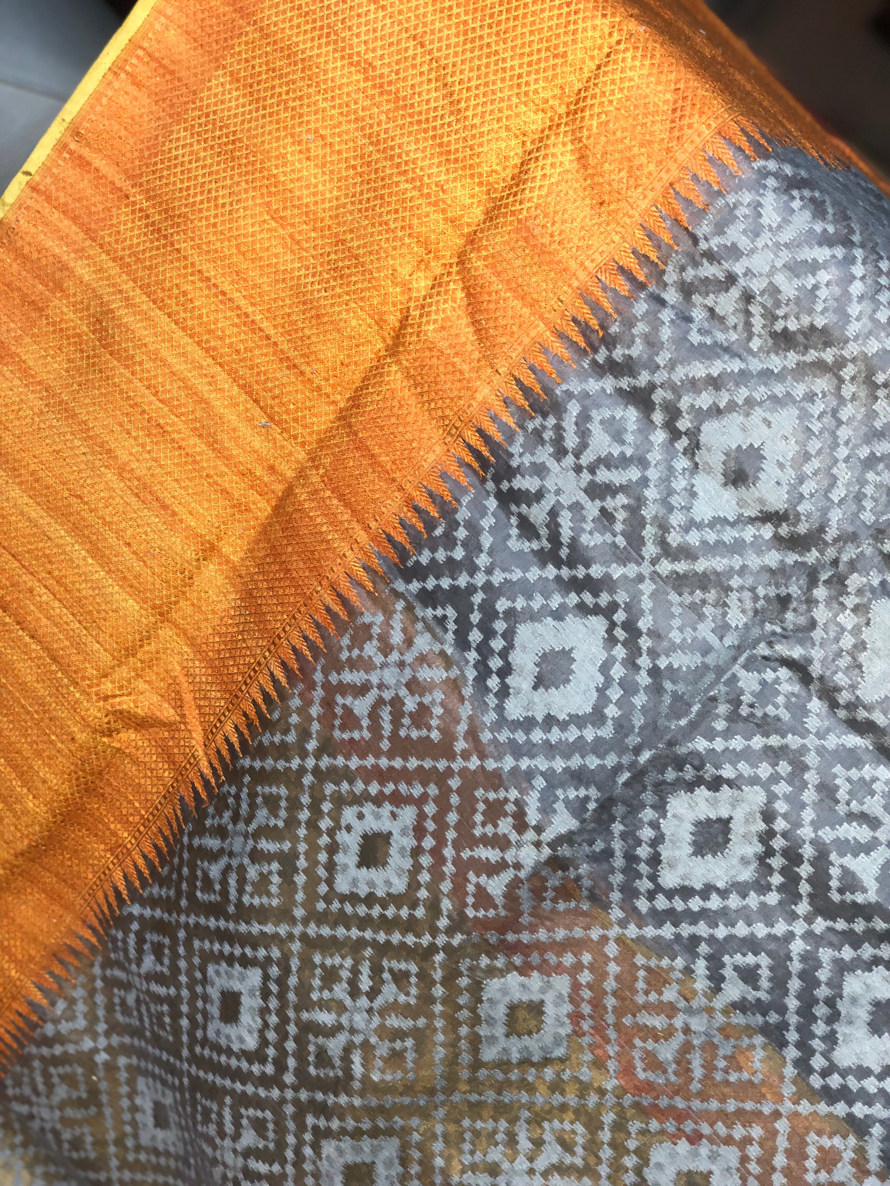 Kora Tussar Jamdani Banarsi - Grey Orange Golden Zari