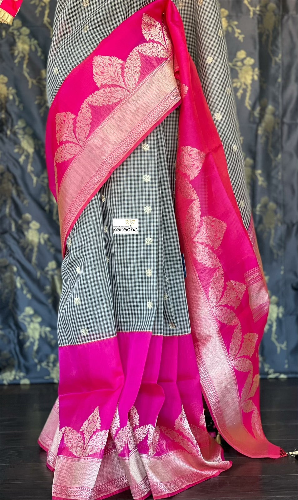 Kora Linen Silk Banarsi - Black White Checks Pink