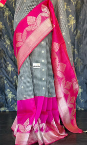Kora Linen Silk Banarsi - Black White Checks Pink