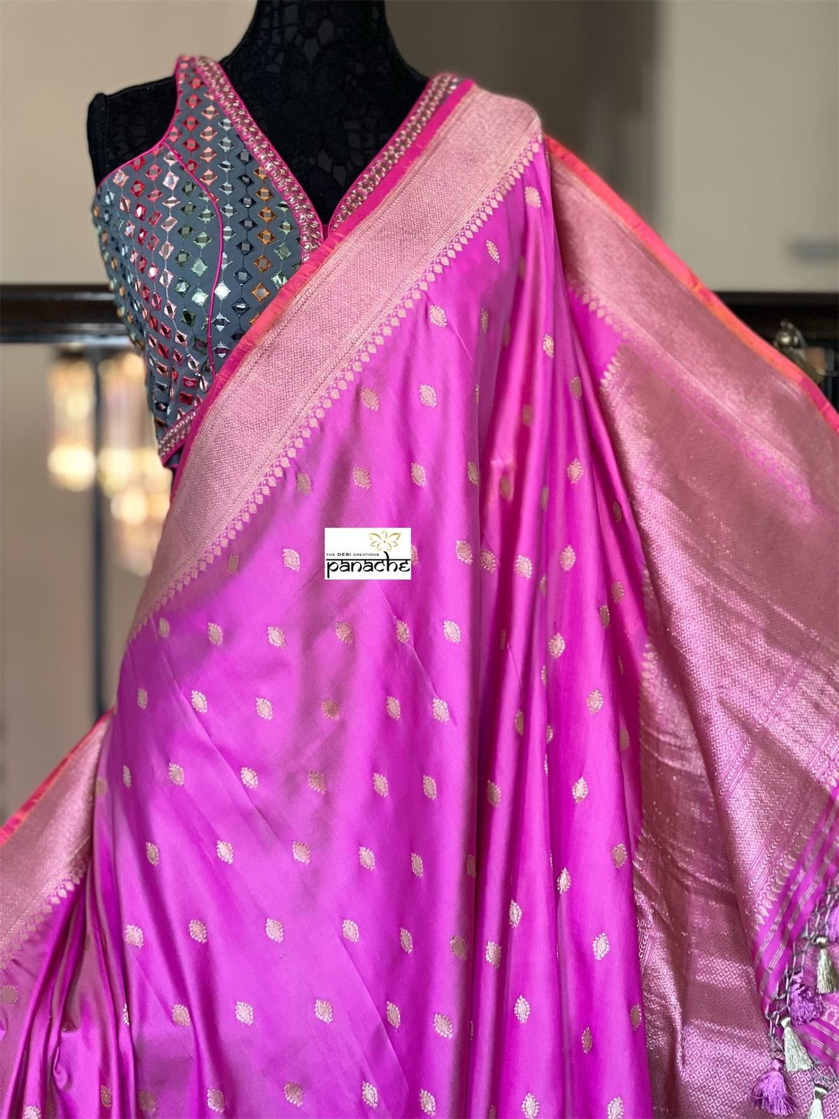 Pure Silk Iktara Banarasi - Pink Antique Golden Zari