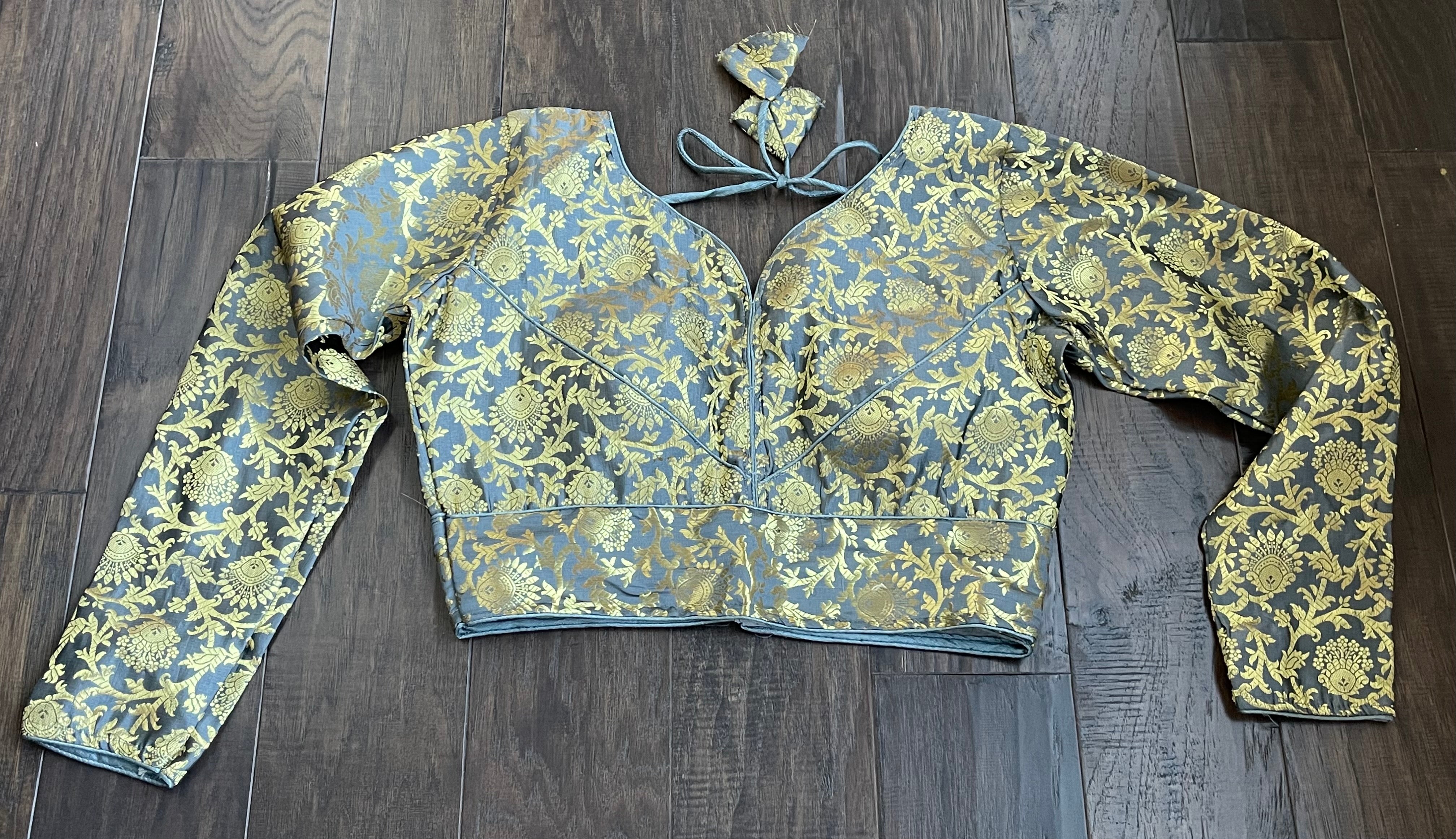 Designer Blouse - Blue Grey Brocade Full Sleeve