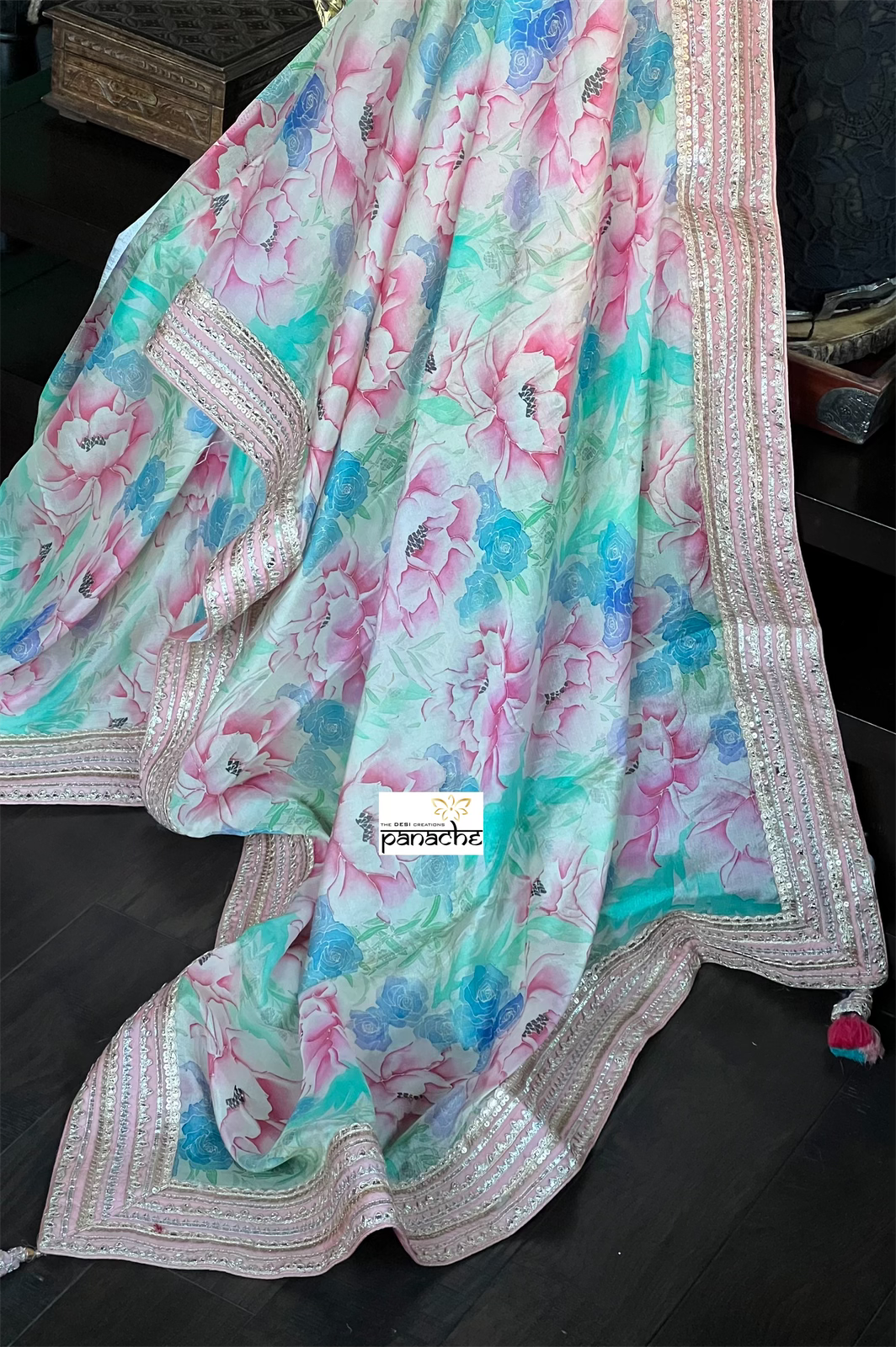 Designer Chiffon  - Pink Sea Green Multi color