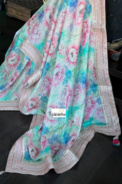 Designer Chiffon  - Pink Sea Green Multi color