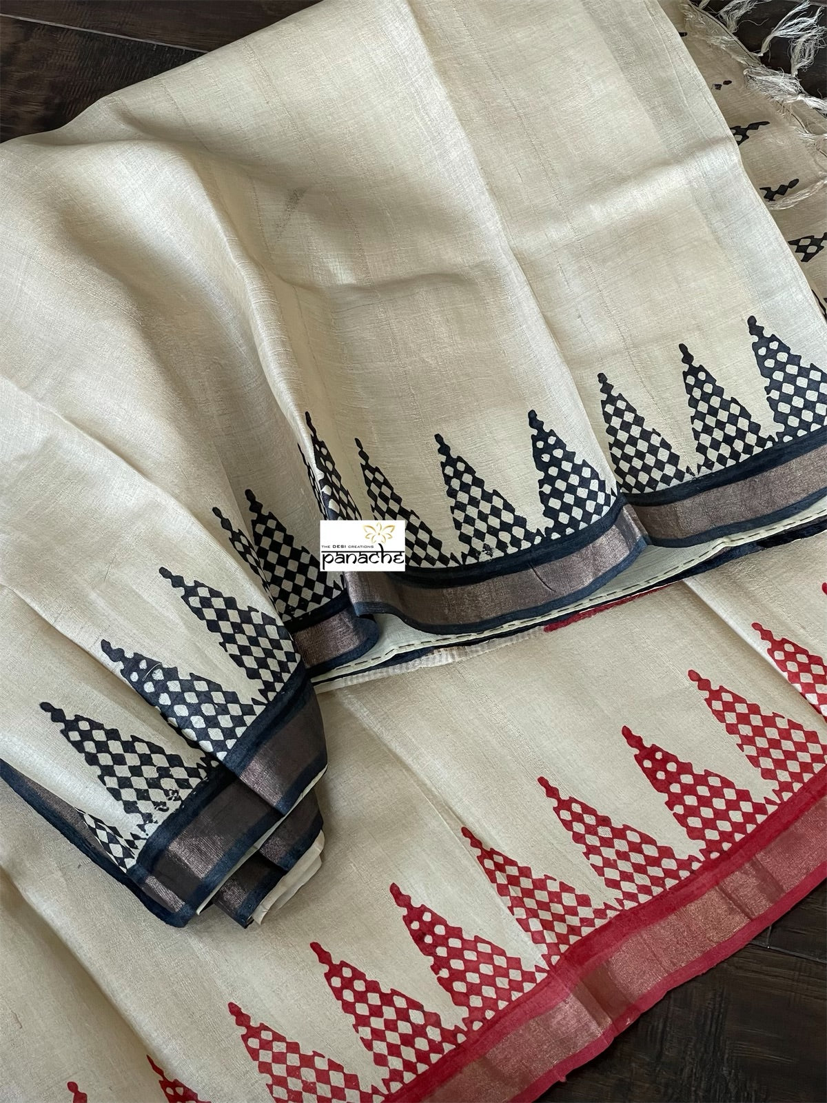 Pure Tussar Silk Printed -  Beige Red Black