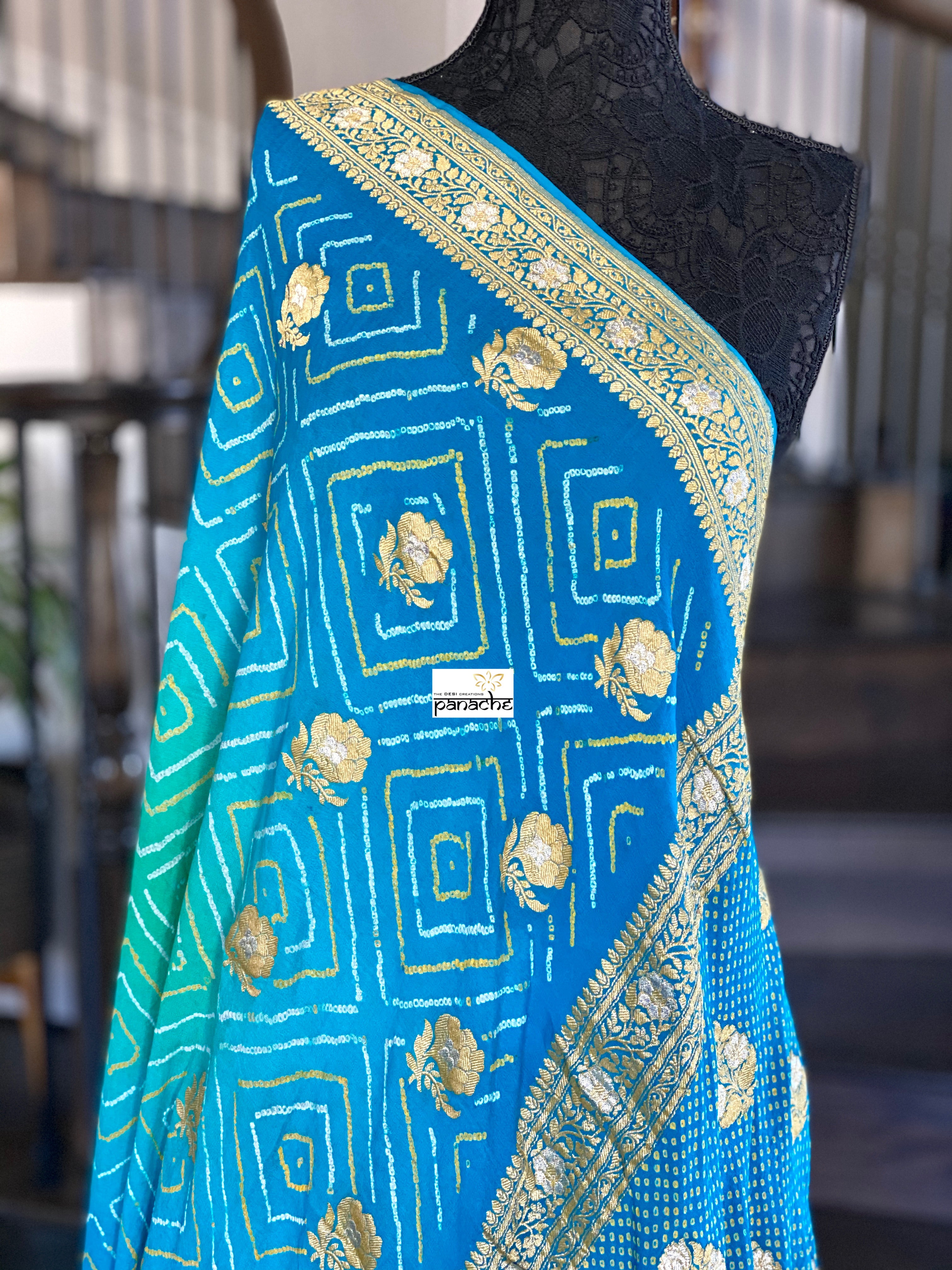 Bandhej Khaddi Georgette Banarasi - Firozi Sea Green Kadwa