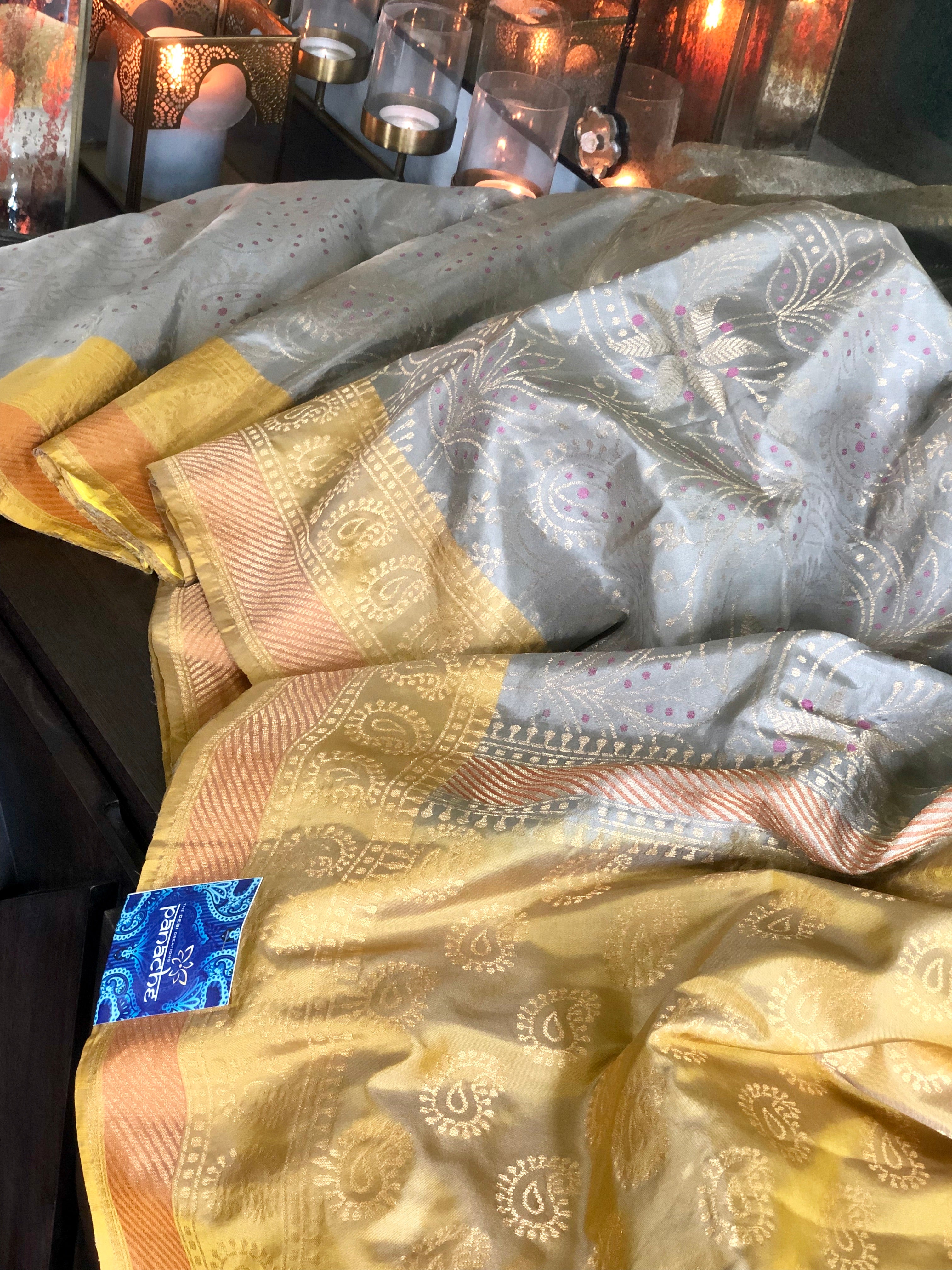 Katan Silk Banarasi - Grey Ochre Yellow