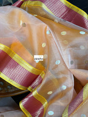 Pure Chanderi Katan Silk - Peach Silver Golden Zari