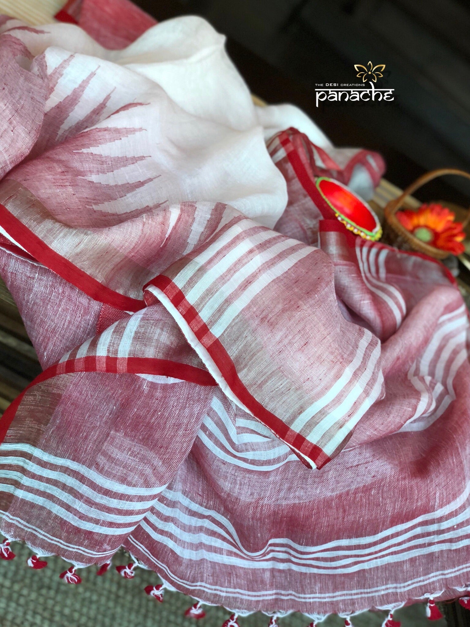 Pure Linen Handloom - White Red Temple