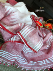 Pure Linen Handloom - White Red Temple