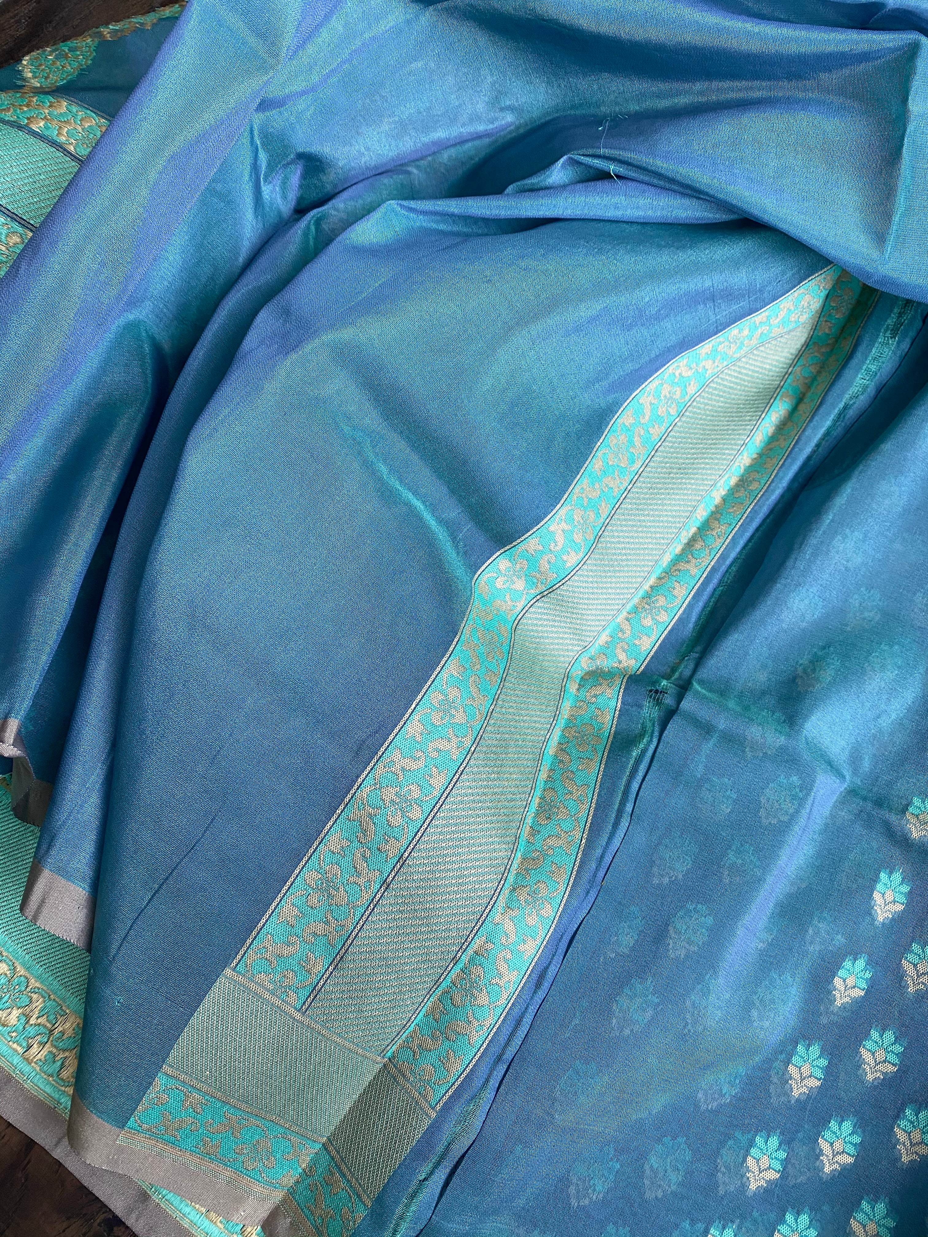 Silk Cotton Jamdaani Kora Banarasi - Blue Grey Resham Woven