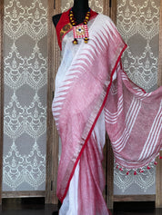 Pure Linen Handloom - White Red Temple