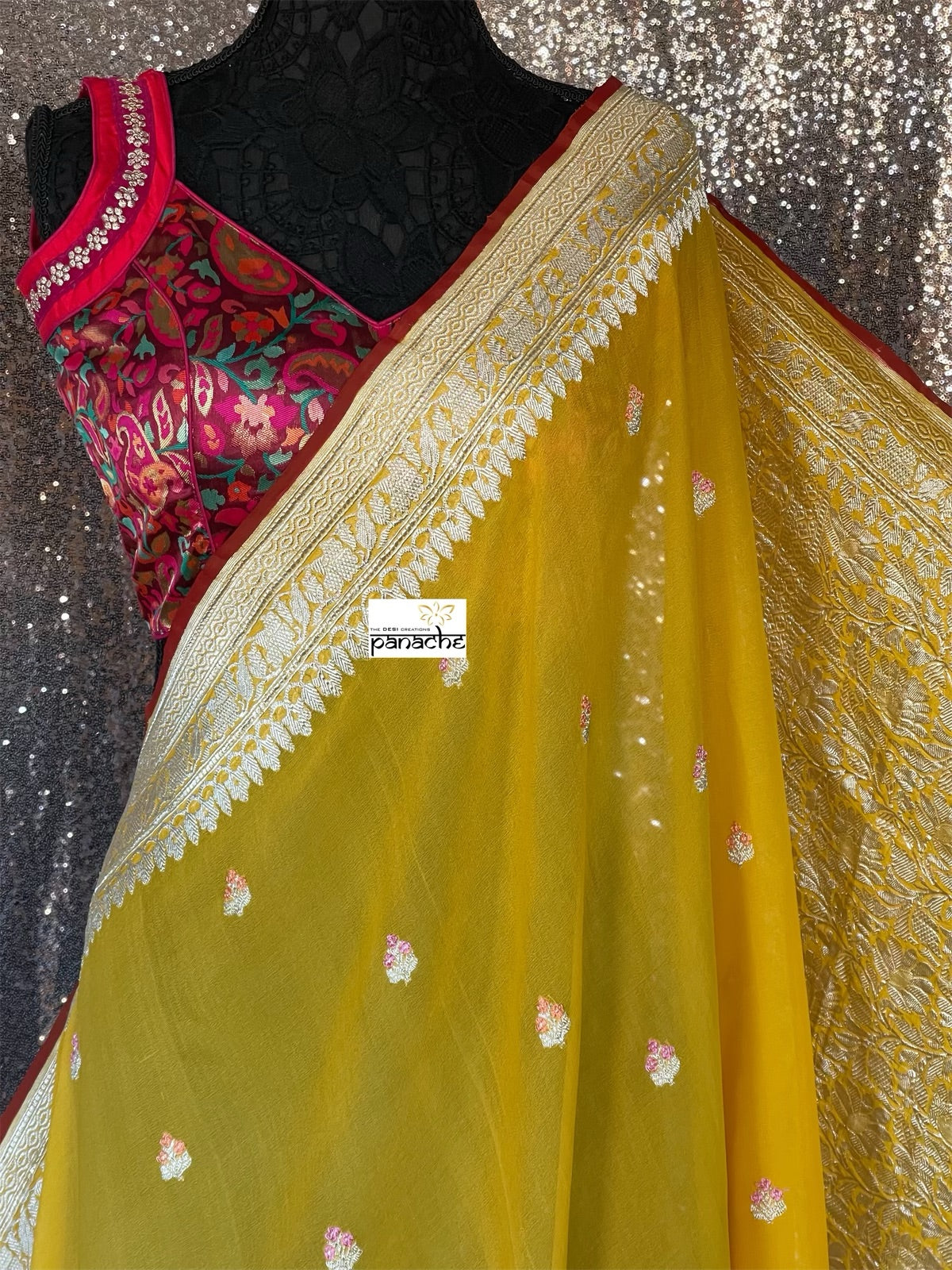 Khaddi Georgette Banarasi - Yellow Red Khadhua Woven