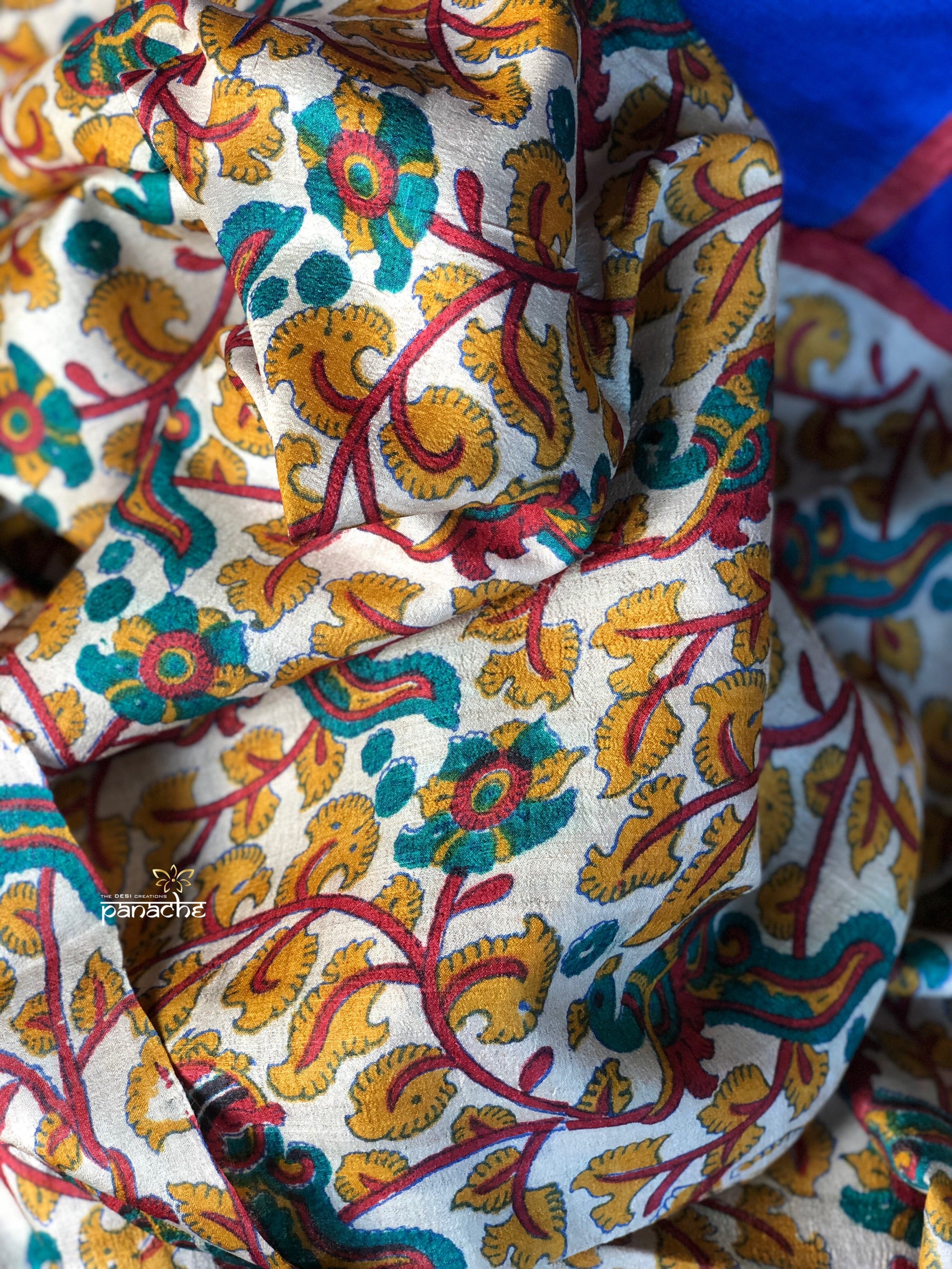 Tussar Silk - Printed Kalamkari  Royal Blue