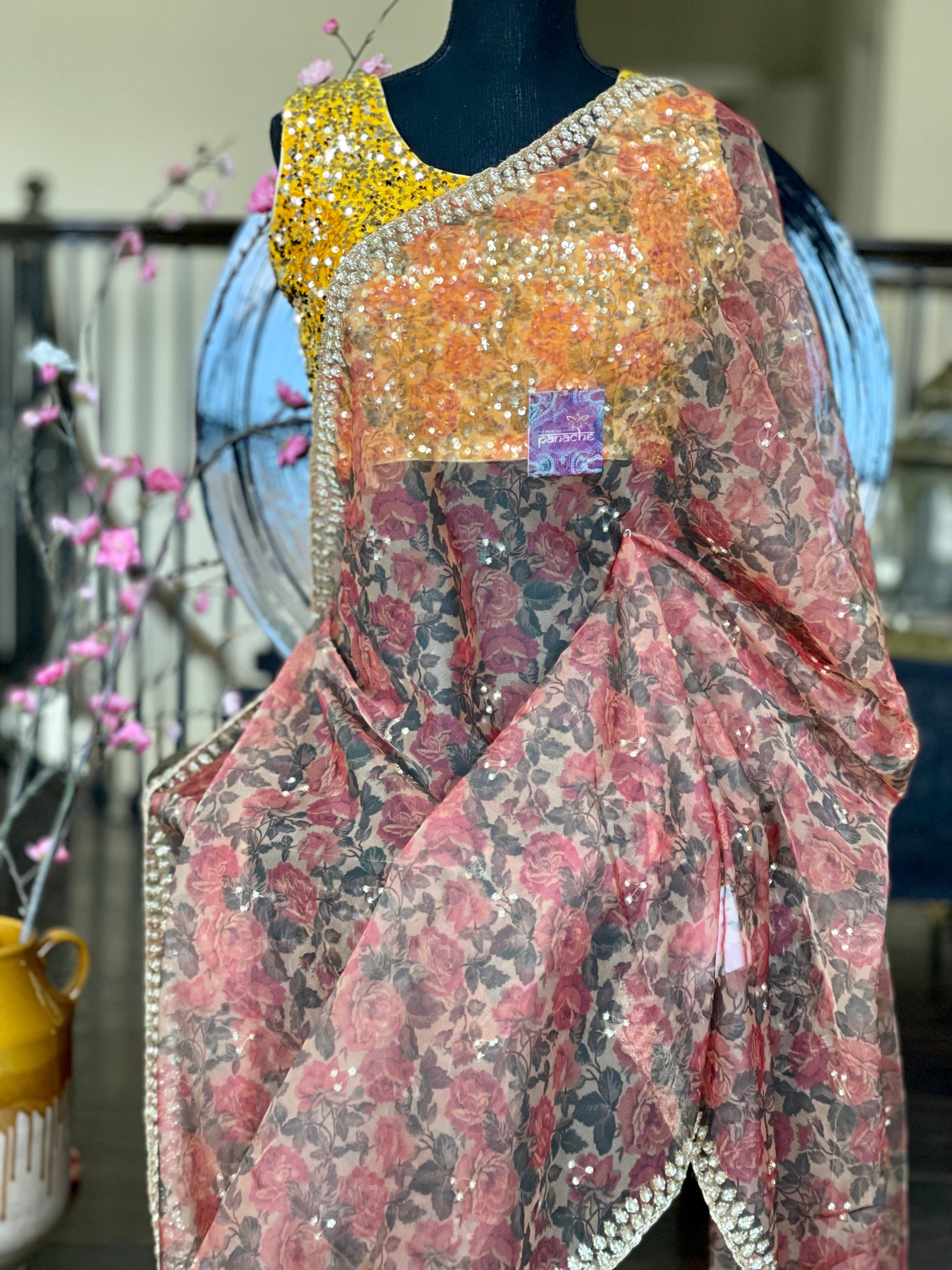 Designer Organza Floral - Maroon Multi Floral