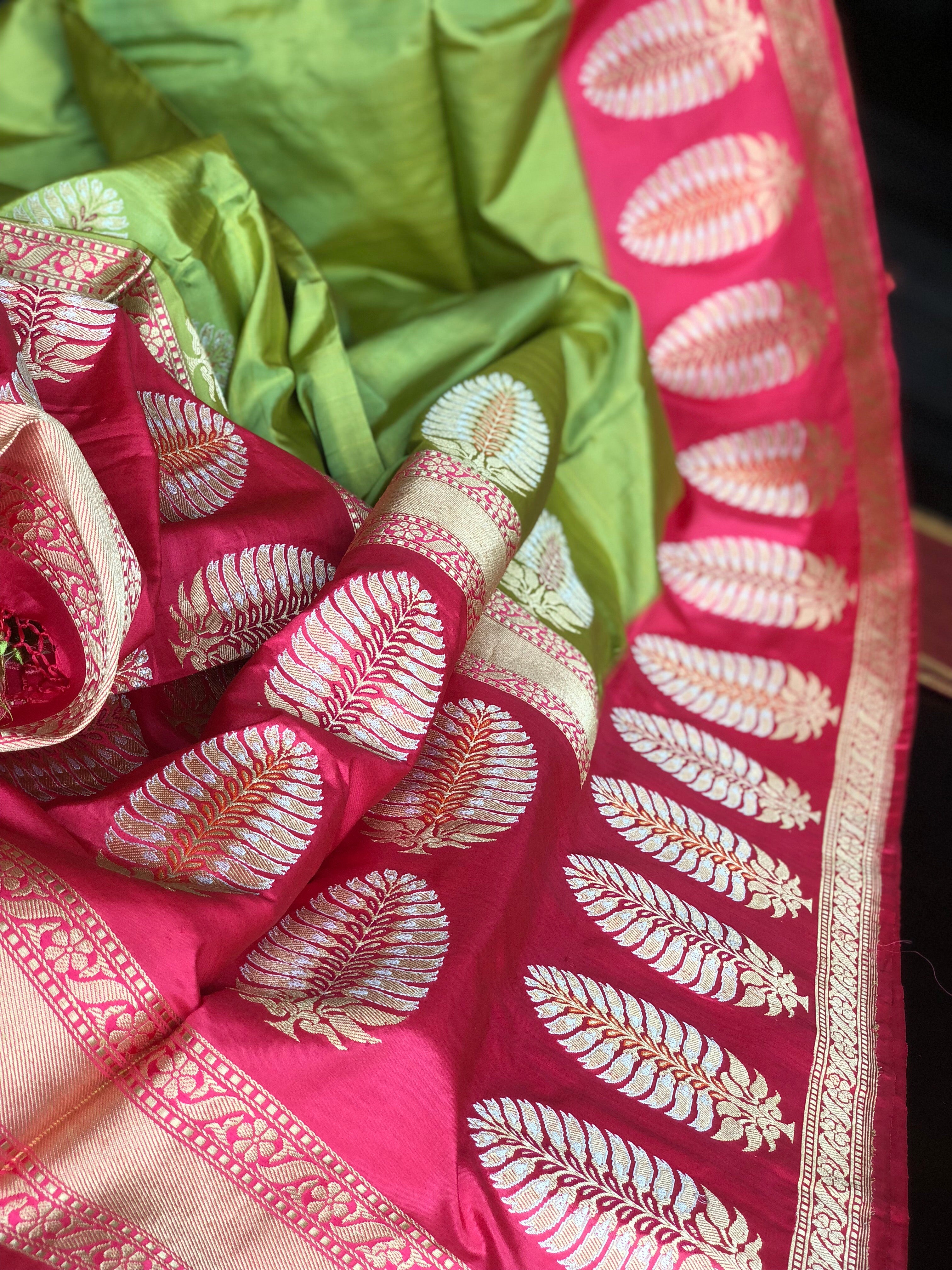 Pure Silk Katan Banarasi - Pista Green Pink