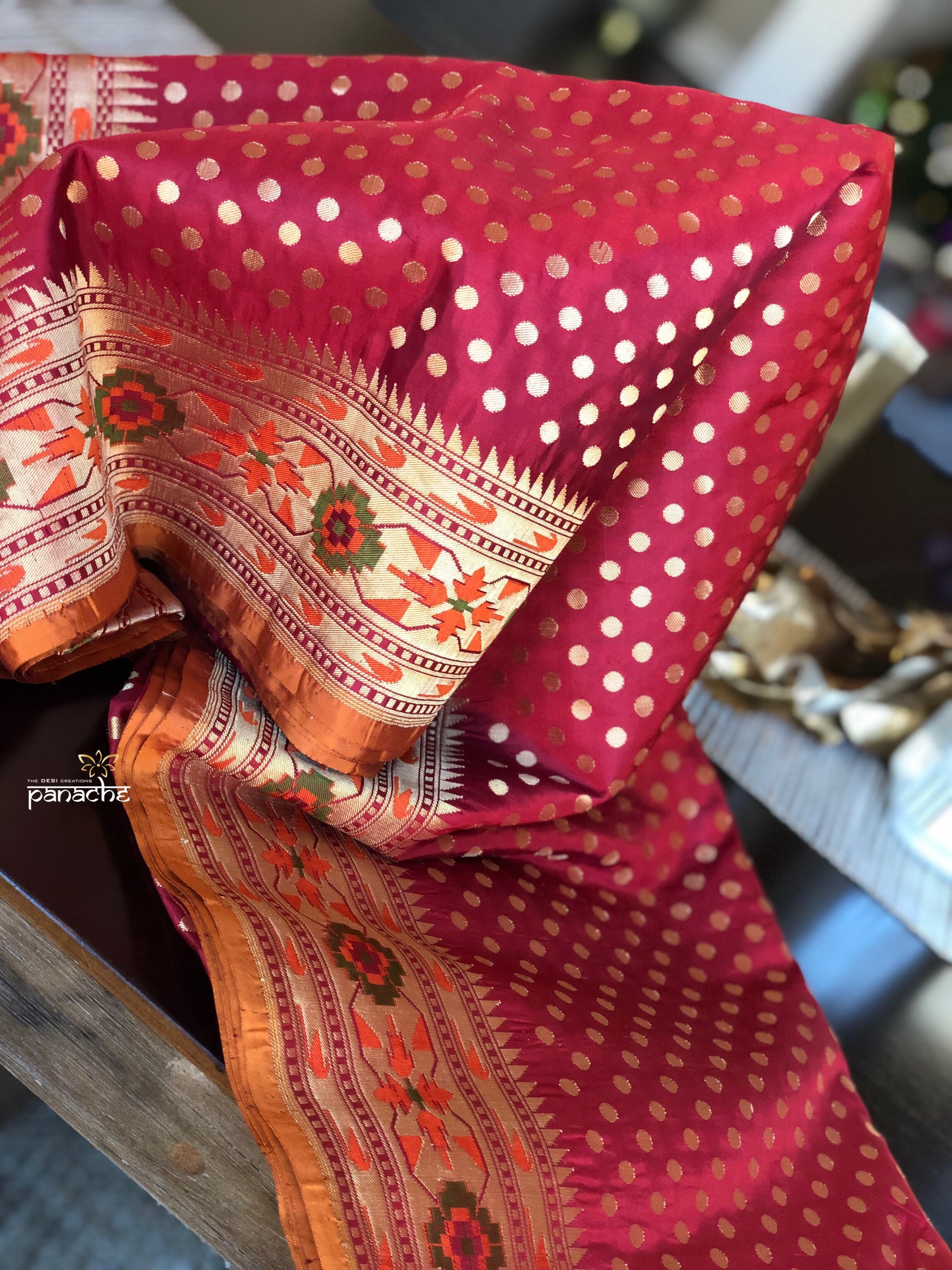 Silk Banarasi - Red Rusty Orange Paithani border
