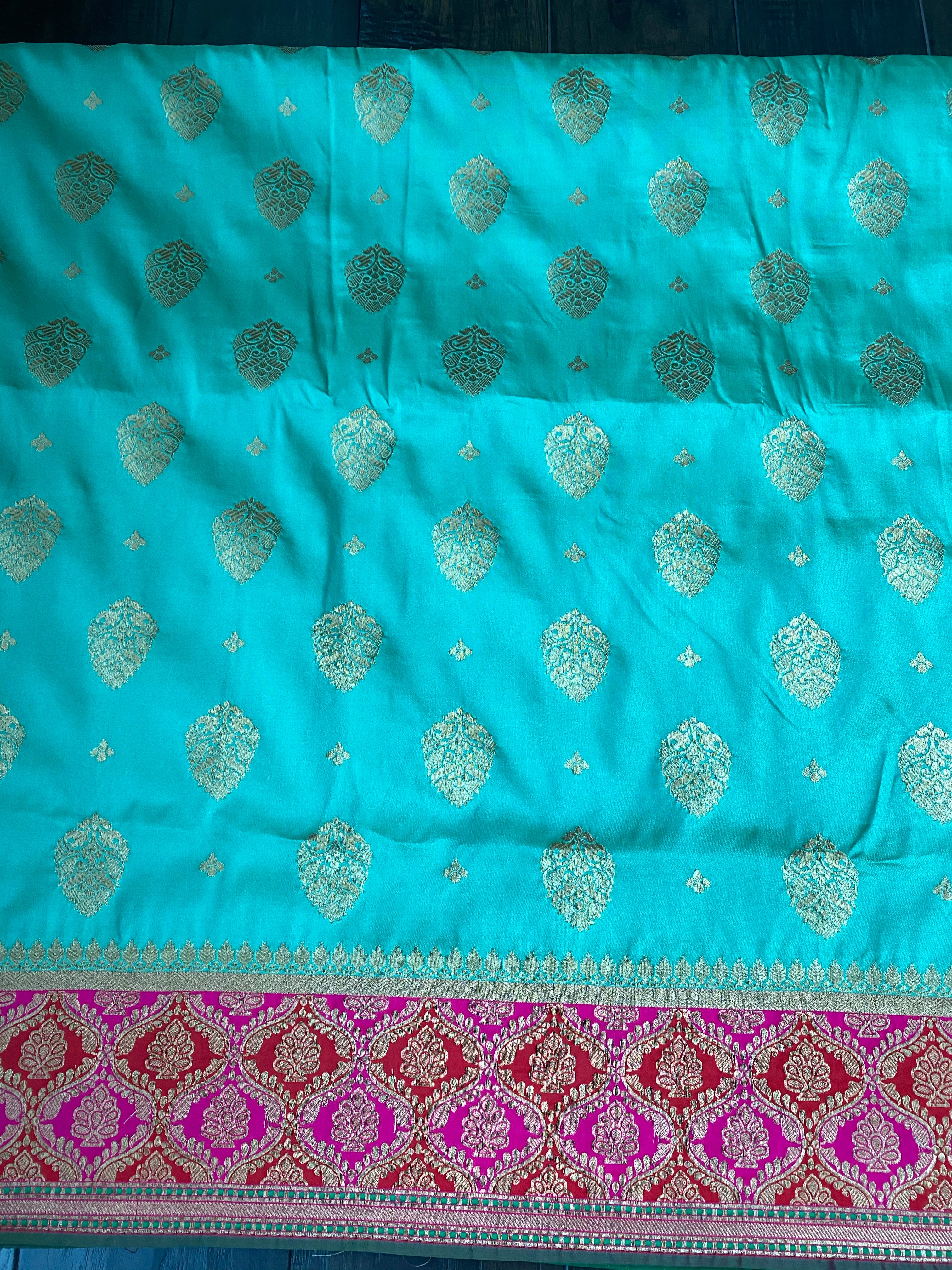 Soft Silk Banarasi - Sea Green Magenta Antique Golden Zari