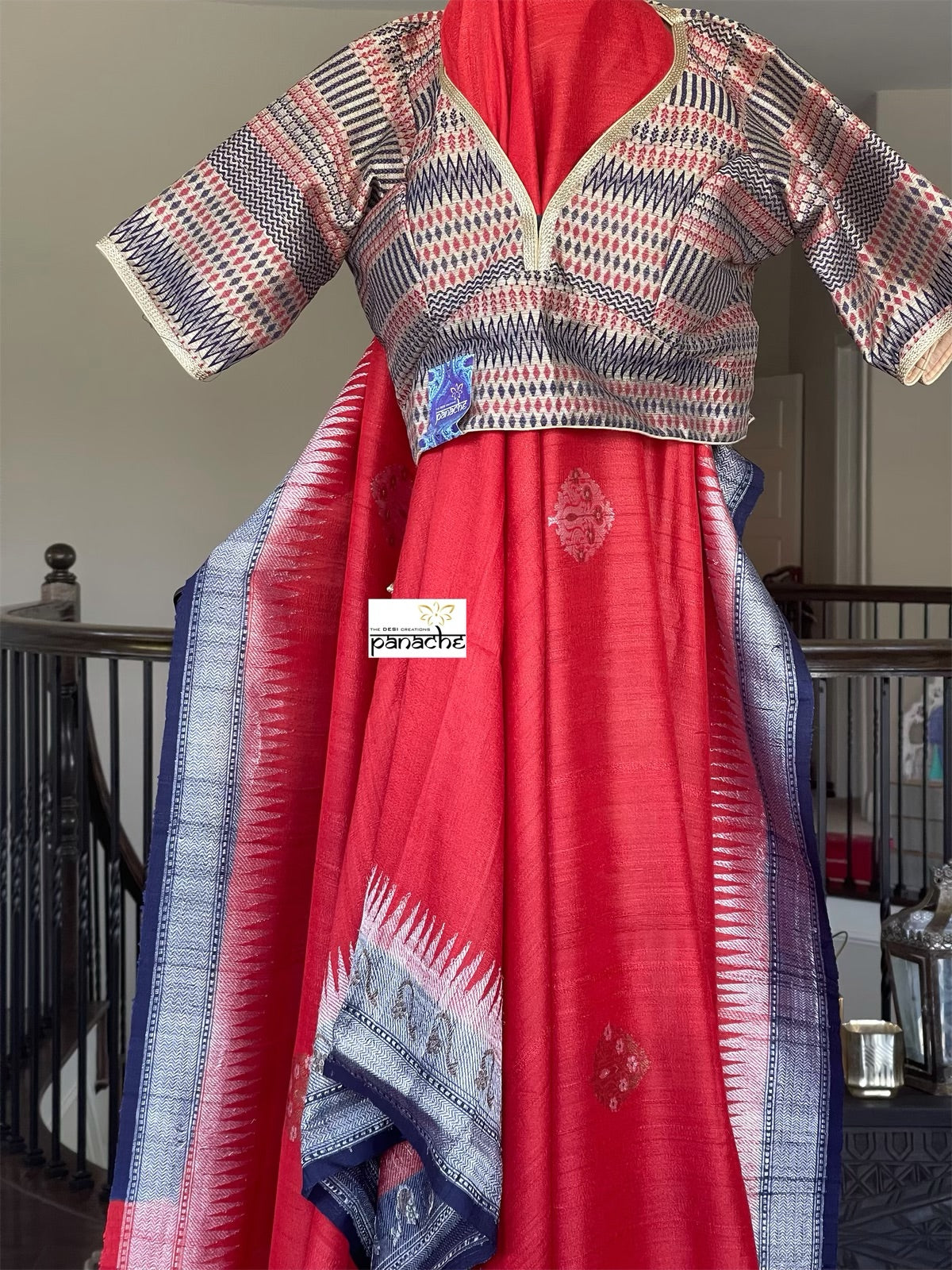 Tussar Georgette Banarasi - Red Navy Blue Kadwa
