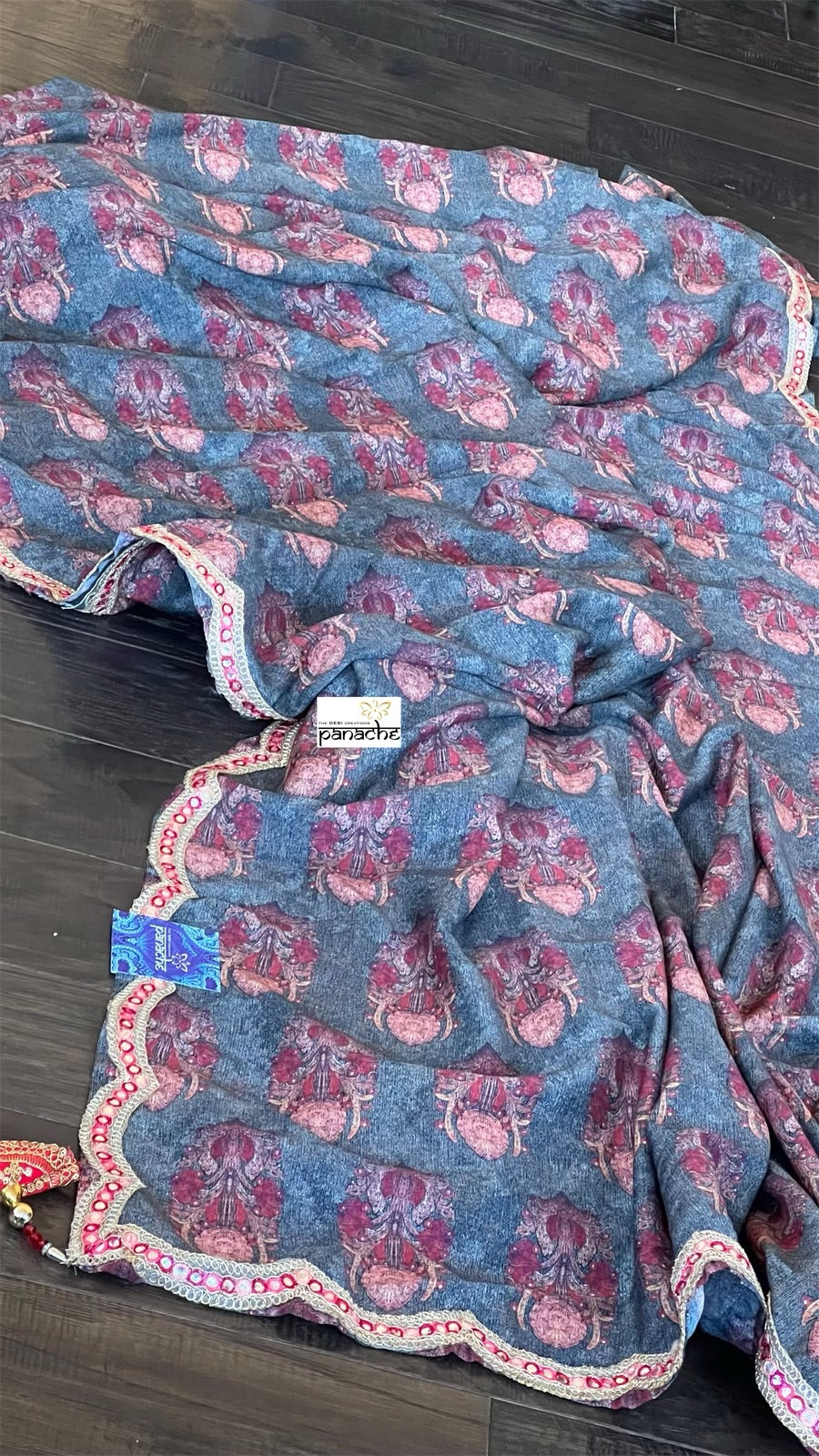 Designer Jute Silk - Grey Orange Printed