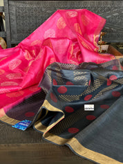 Tussar Silk - Hot Pink Grayish Black