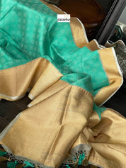 Pure Silk Banarasi - Sea Green Beige Antique Golden Zari