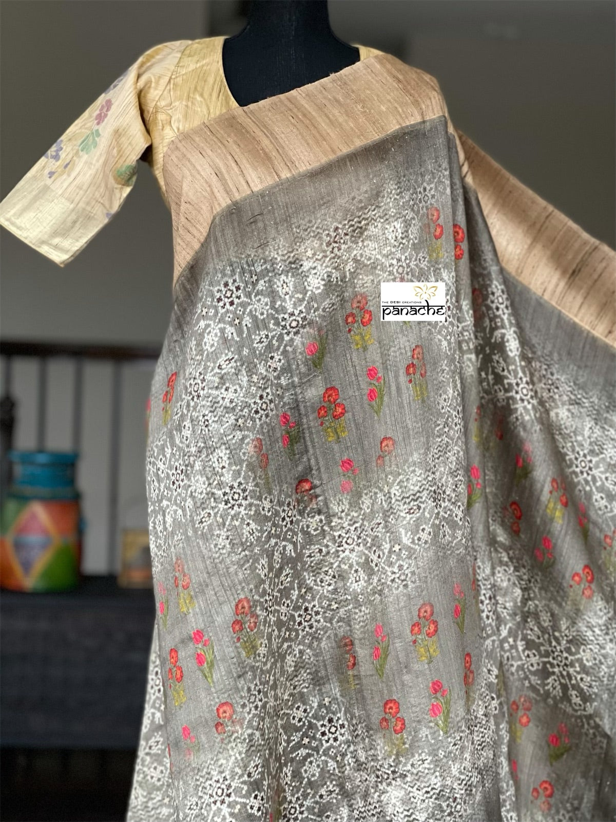 Pure Gicha Tussar Silk - Light Moss Grey Digital Printed