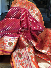 Silk Banarasi - Red Rusty Orange Paithani border