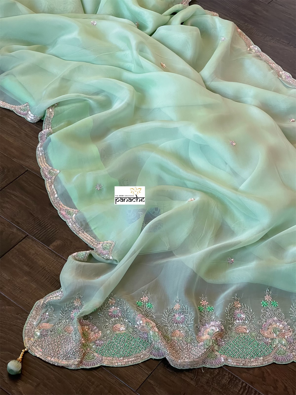 Designer Satin Organza - Mint Hand Embroidered