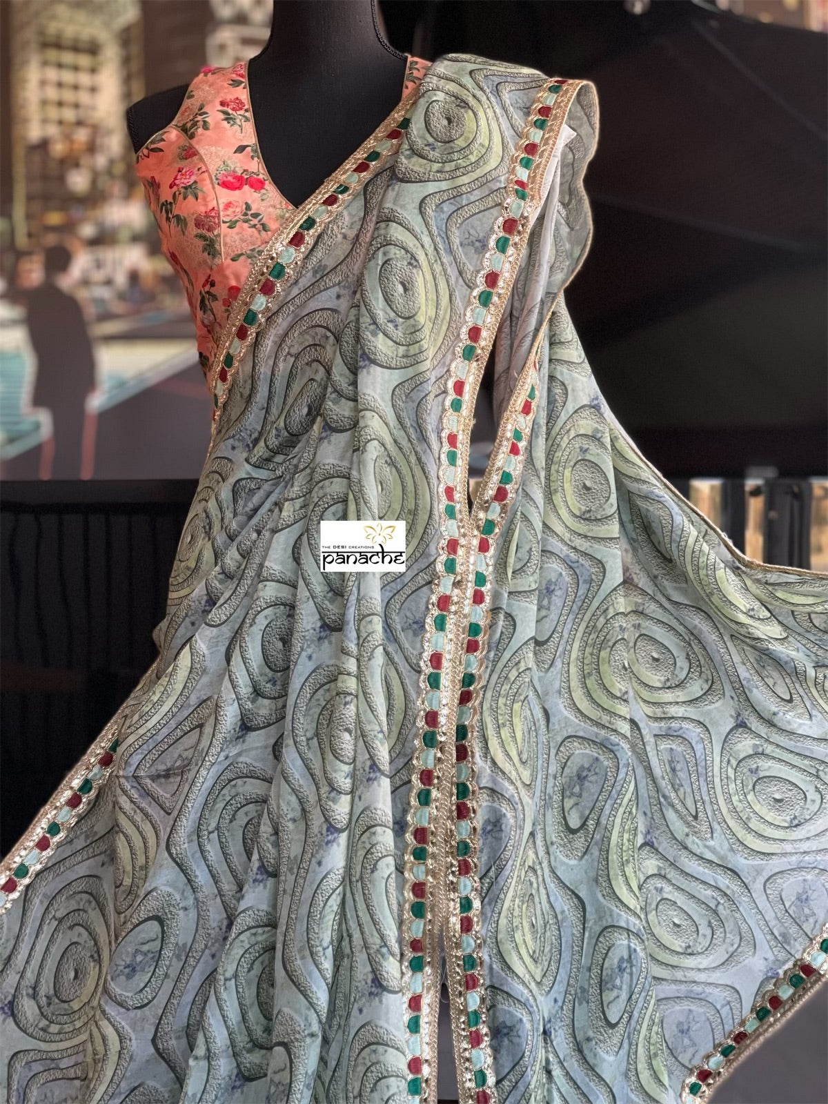 Designer Satin Maslin Silk - Grey Green Blue Black