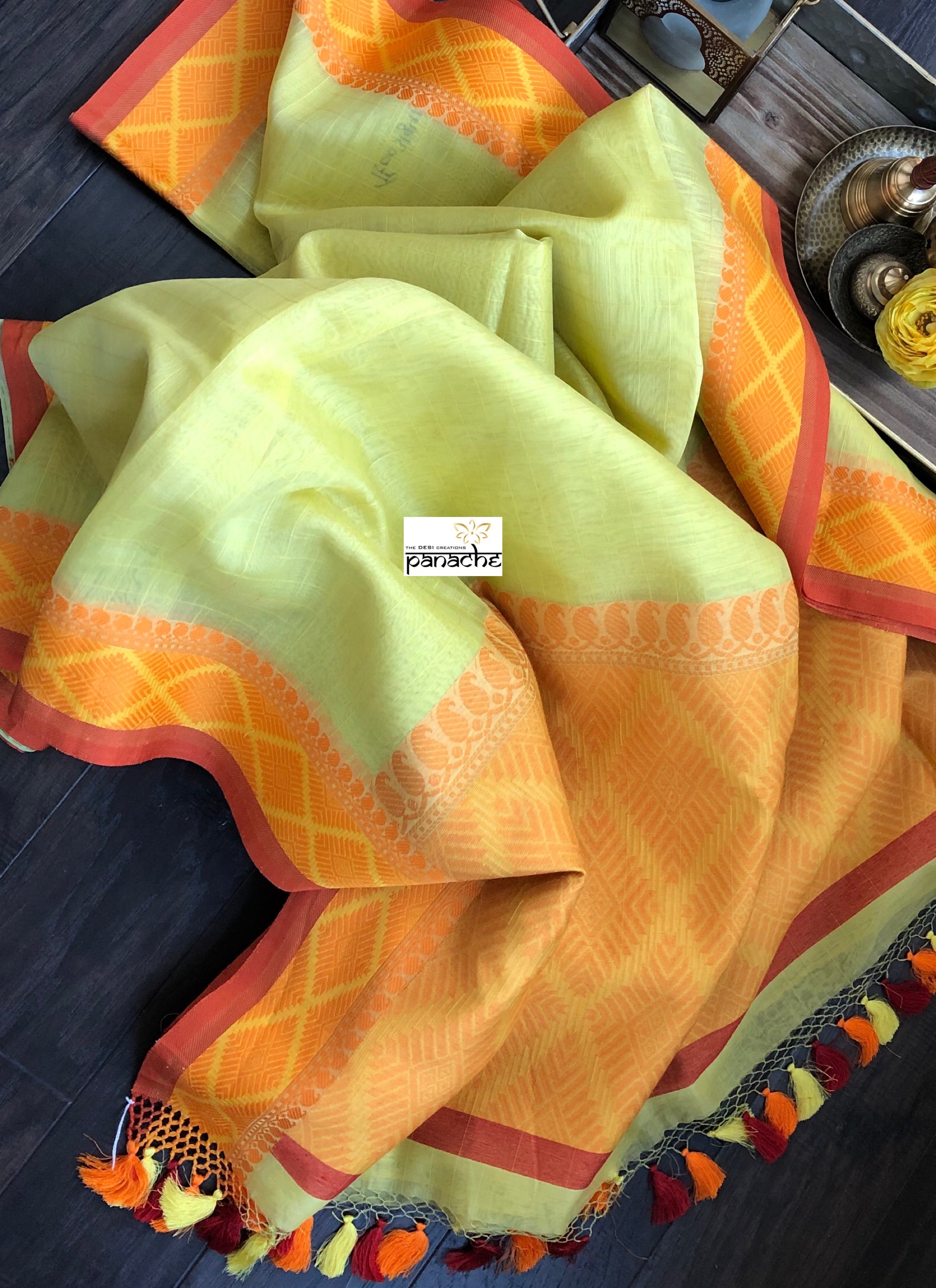 Silk Cotton Banarasi - Lemon Yellow Woven checks