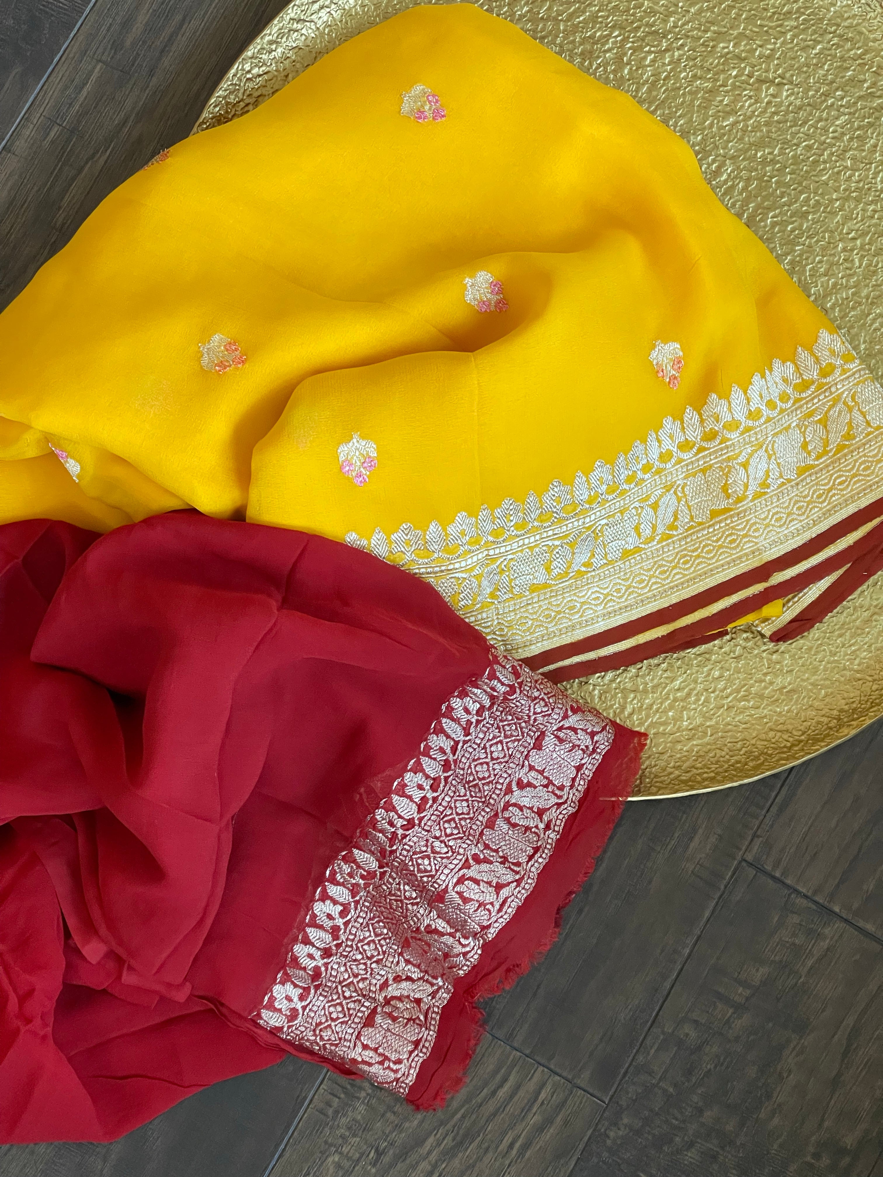 Khaddi Georgette Banarasi - Yellow Red Khadhua Woven
