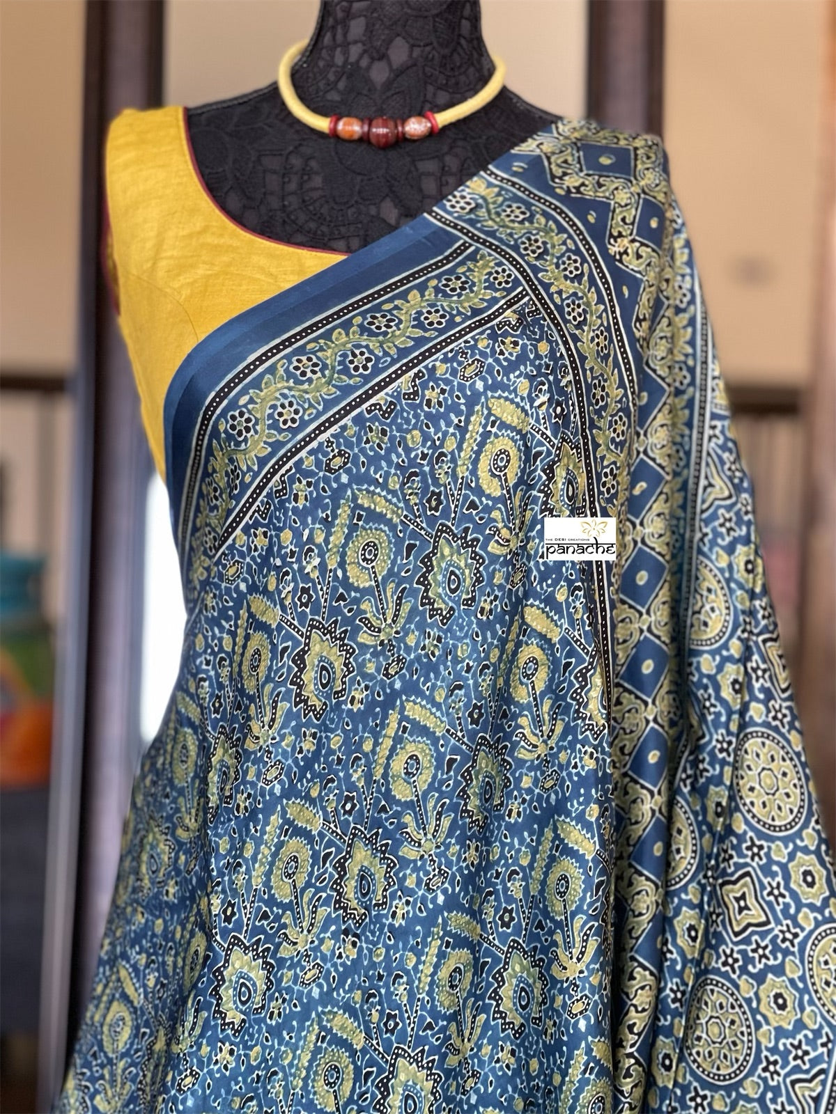 Silk Ajrakh - Persian Blue Ochre Yellow