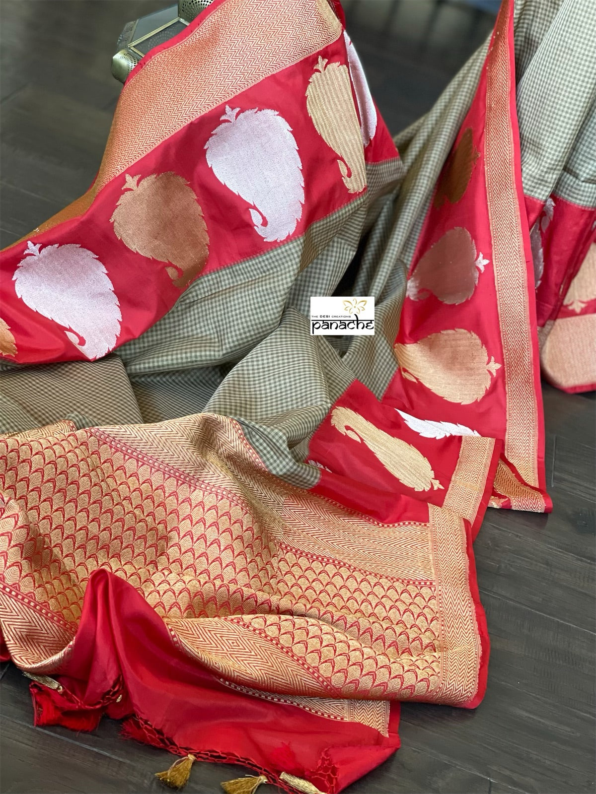 Pure Silk Katan Banarasi - Sage Green Grey Checks Kadwa Paisley