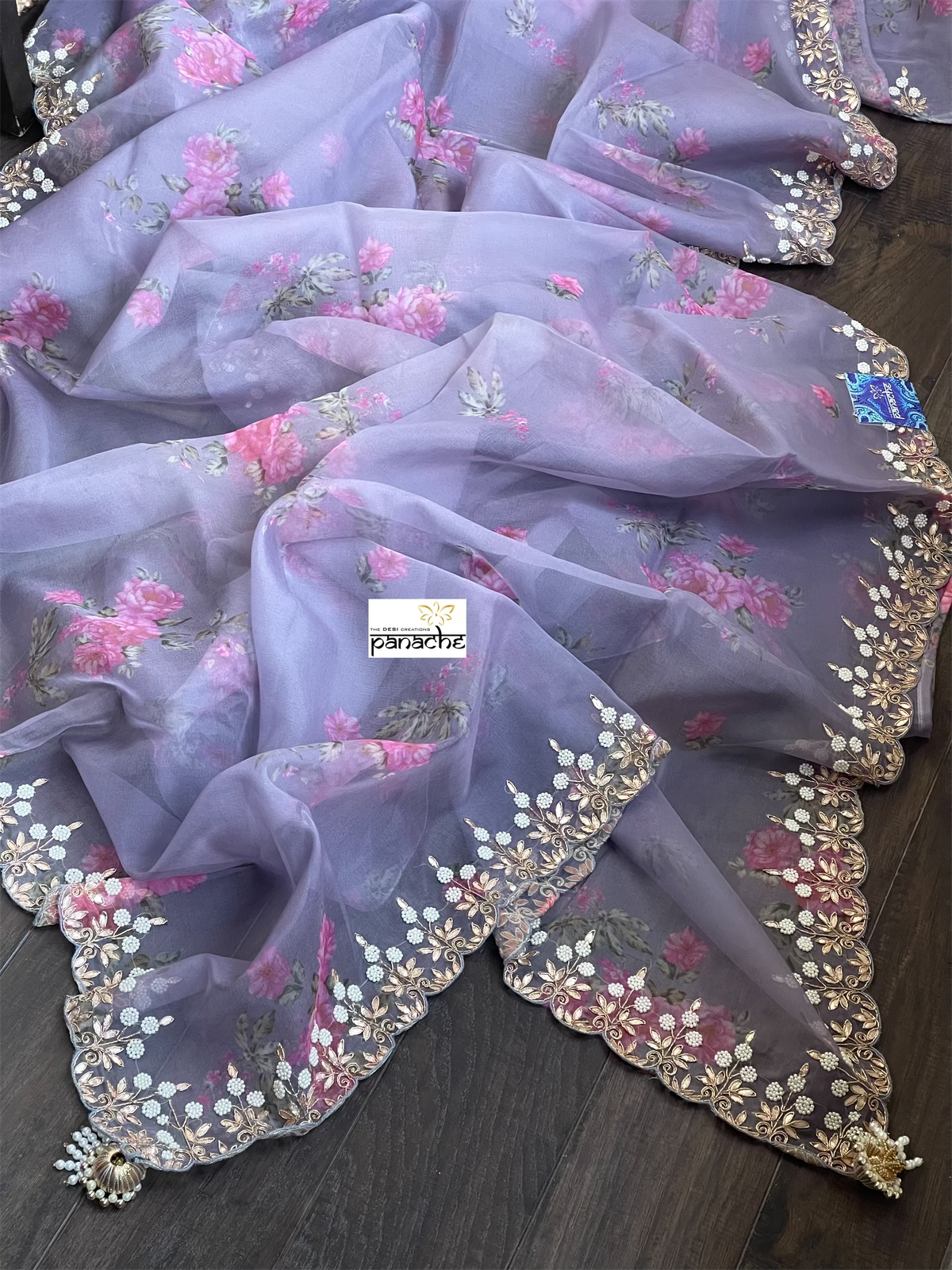Designer Organza Floral - Bluish Grey Handwork Border