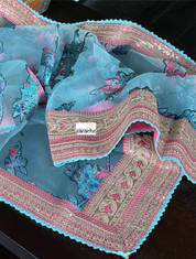 Designer Organza Satin Floral - Light Blue Peach