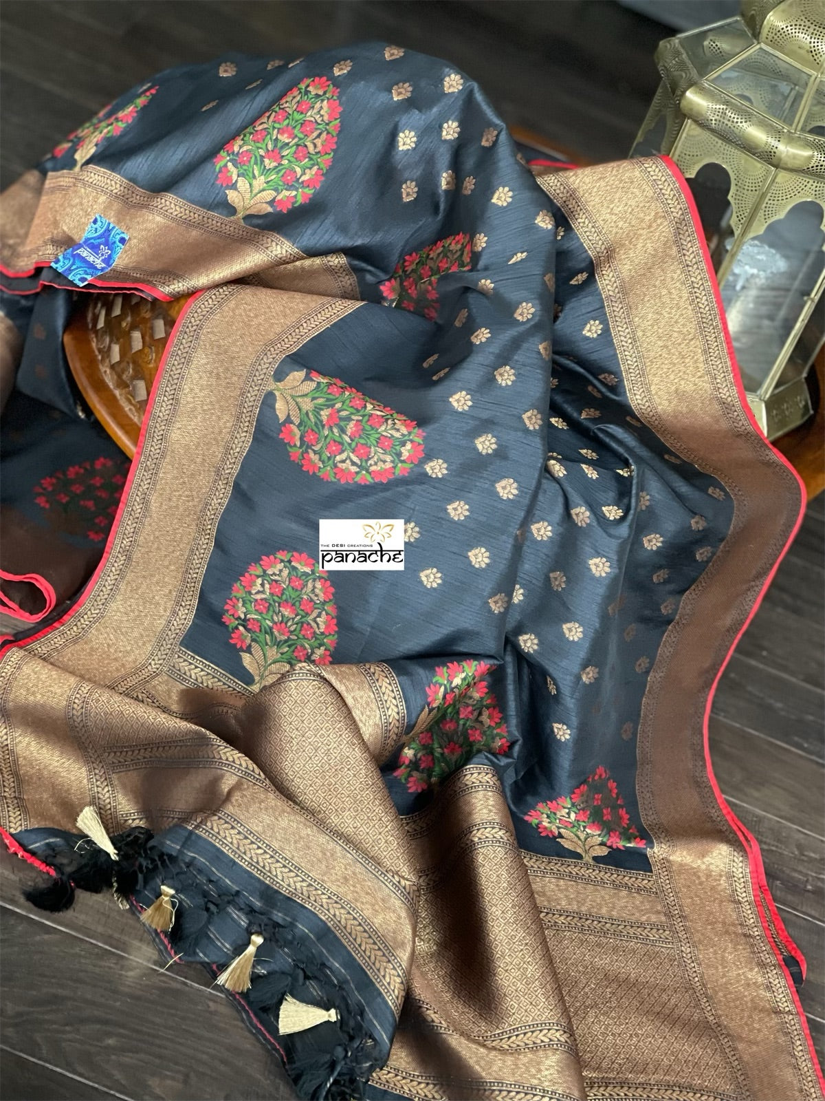 Tussar Silk Banarasi - Black Red Meenakari