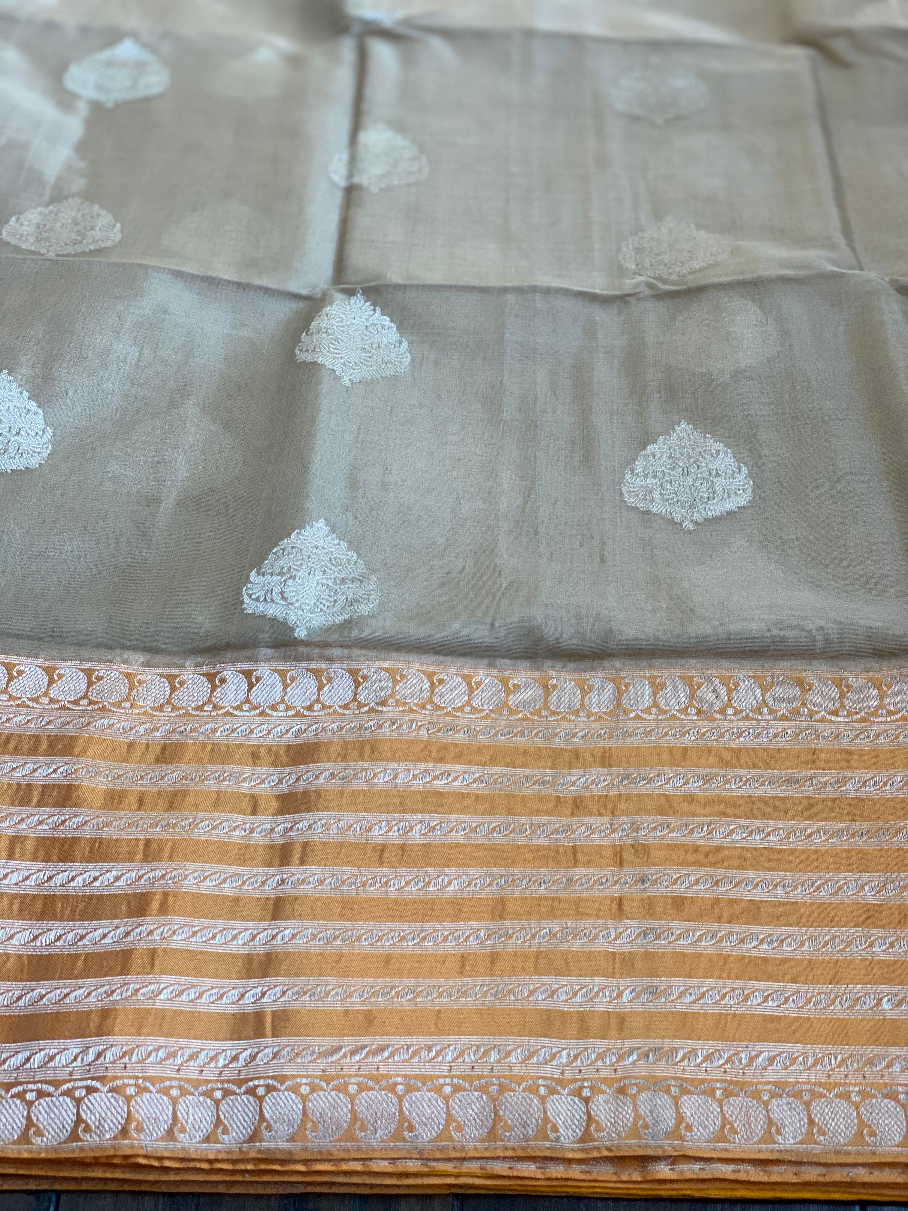 Organza Silk Banarasi - Tan Beige Orange Kadwa Motifs
