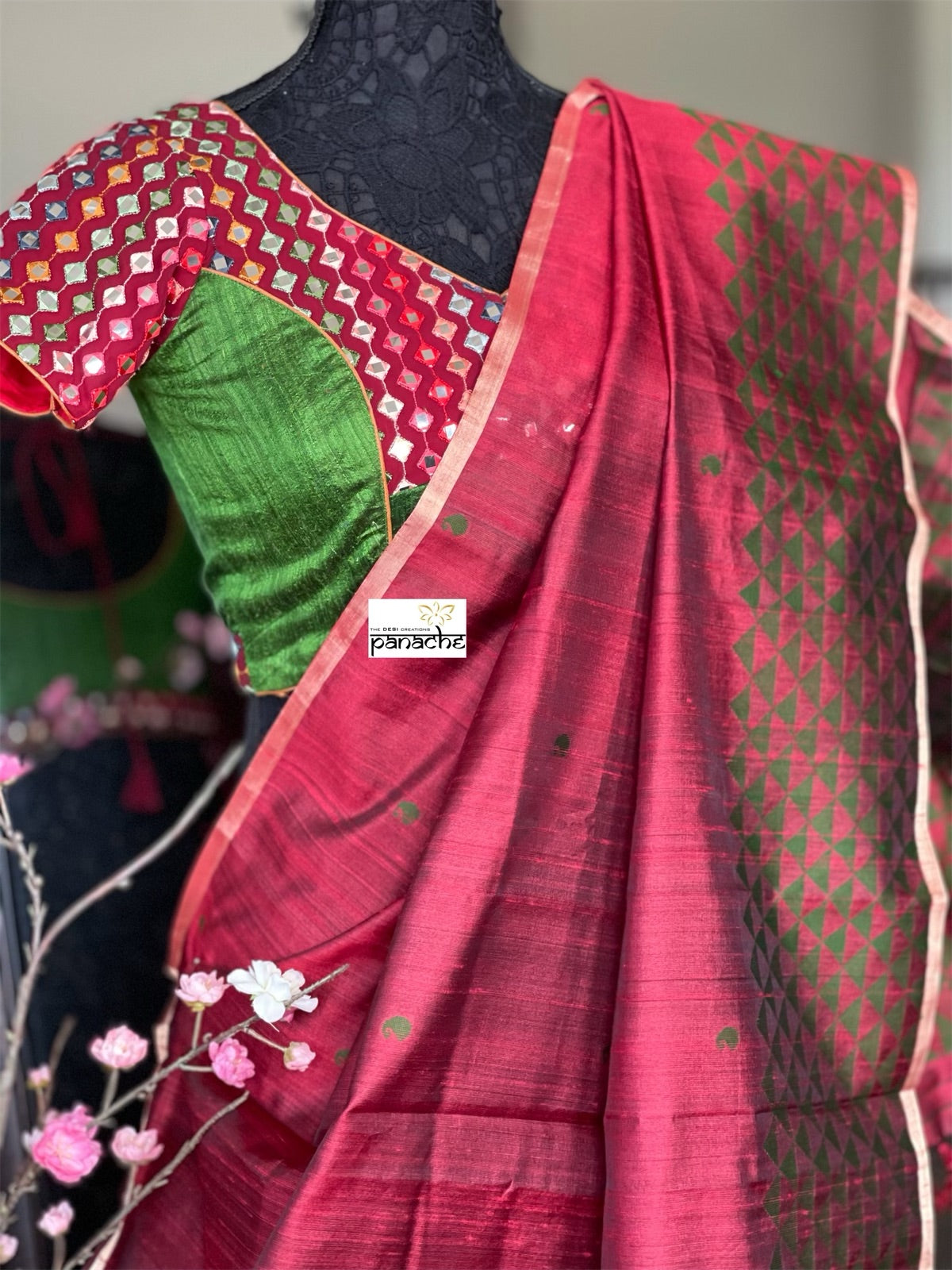 Designer Blouse - Maroon Green Glass mirror work