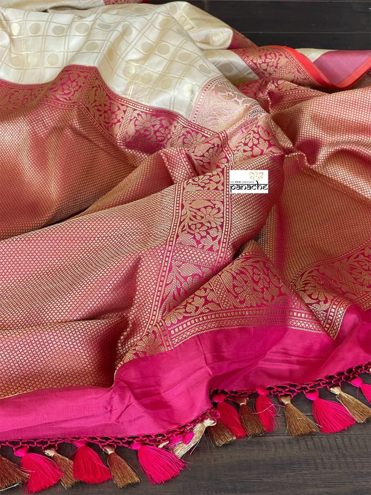 Pure Katan Silk Checkered Banarasi - Golden Beige Magenta Red Kadwa woven