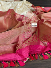Pure Katan Silk Checkered Banarasi - Golden Beige Magenta Red Kadwa woven