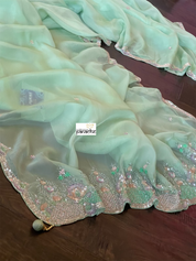 Designer Satin Organza - Mint Hand Embroidered