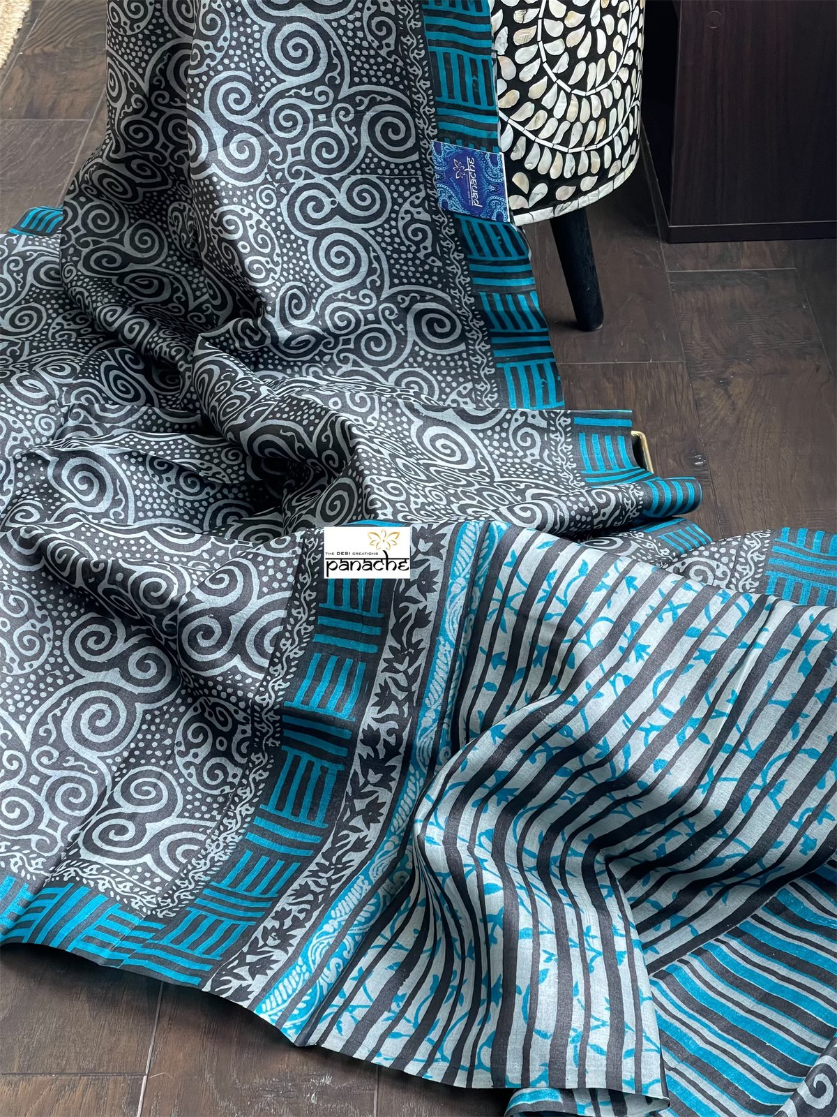 Pure Tussar Silk Printed -  Grey Black Firozi