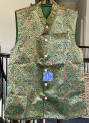Silk Ajrakh Waist Jacket/Coat Men - Green Maroon Black XL 42